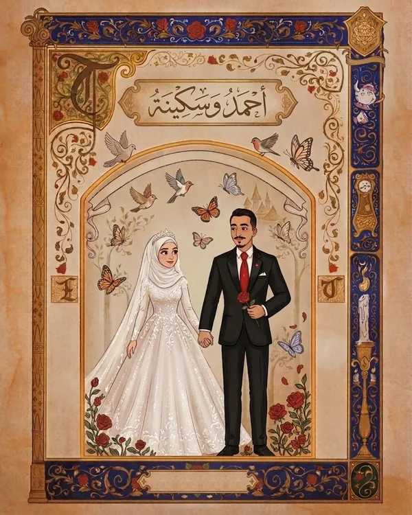 لوحة مزخرفة تجمع العروسين أحمد وسكينة